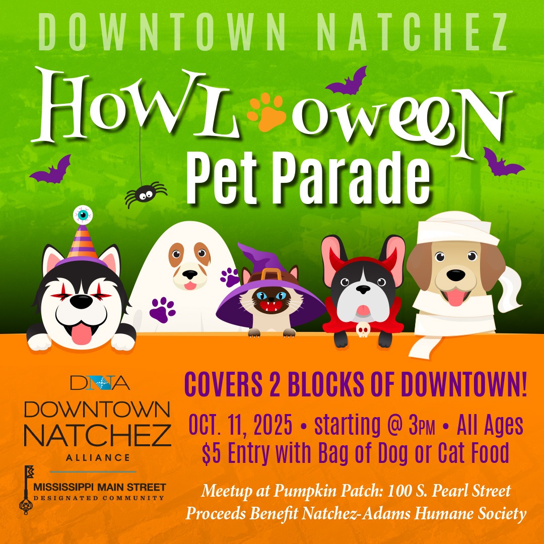 Howl-oween-Pet-Parade-1080px Trick or Treat For Little Feet! Tuesday, Oct. 31, 2023 in Downtown Natchez from 4:30 – 6:00pm